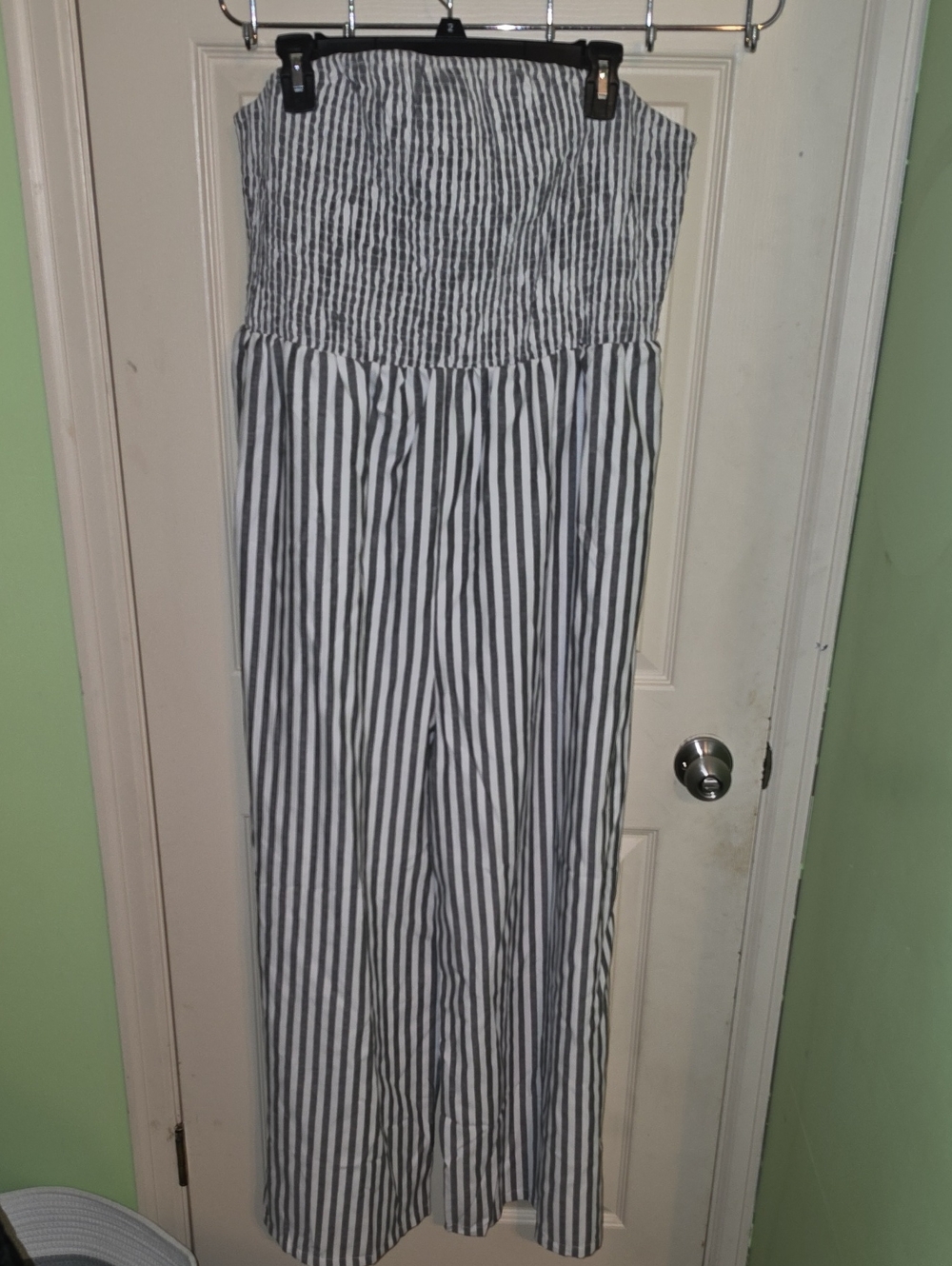 SHEIN Gray and White Striped Strapless Jumpsuit